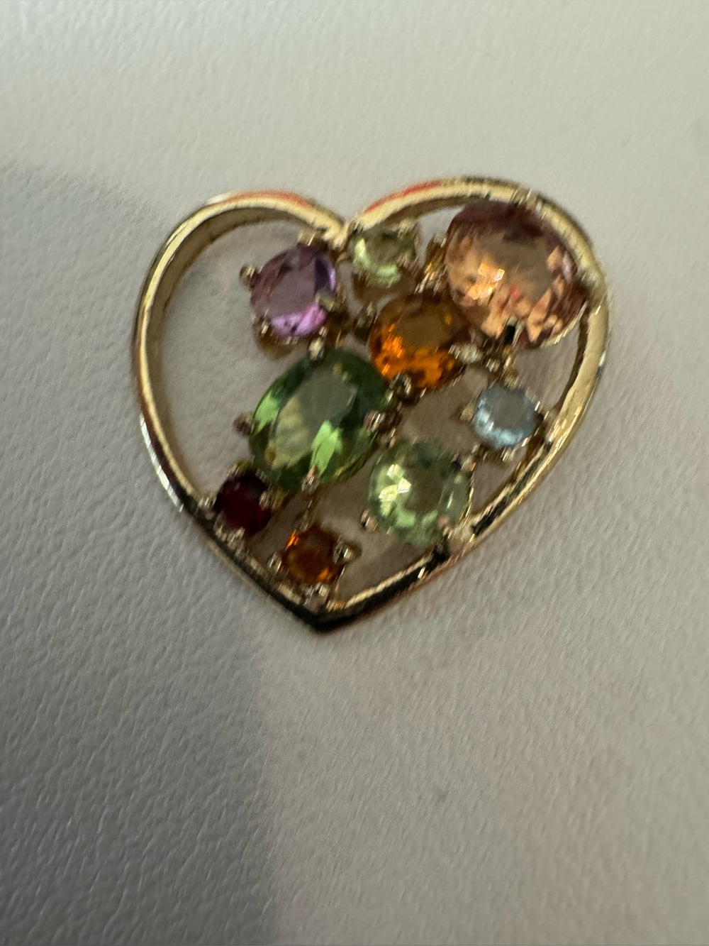 Avon Gold Tone Heart Brooch with Multicolor Gemstones